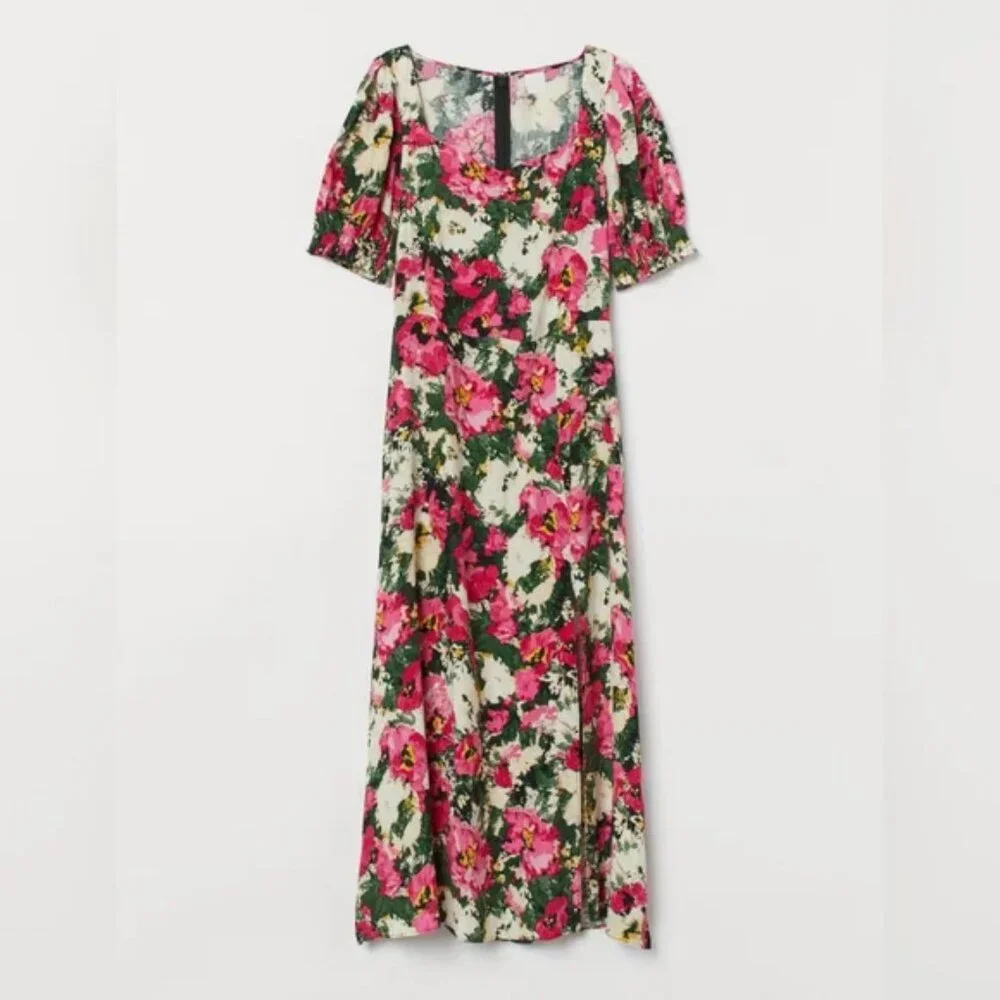 H&M Women's Floral Patterned Midi Flowy Dress in Pink and Cream Size Medium - Picture 2 of 16
